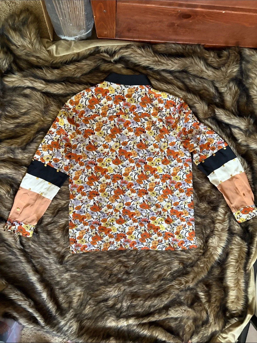 Tory Burch Silk Shirt Ditsy Blossom Patchwork Stud Print Floral Orange Size 10